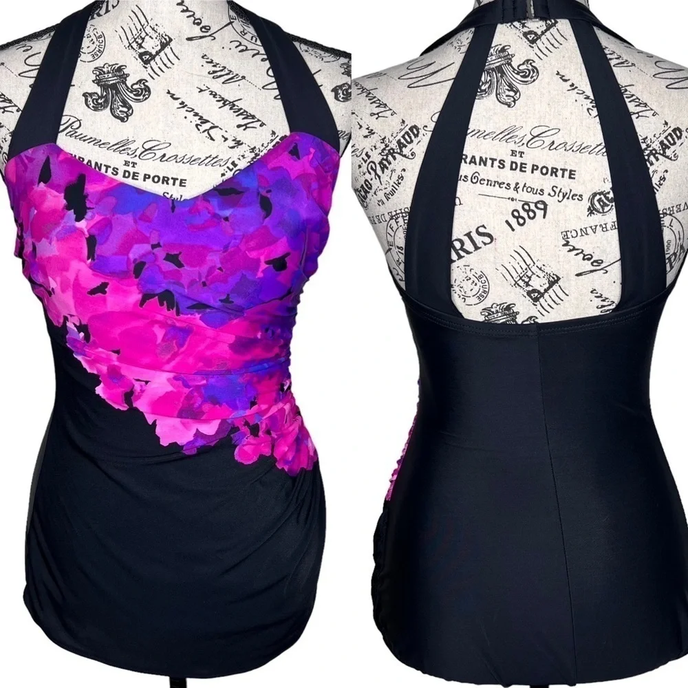Lands' End Women's Black Pink Purple Floral Print One Piece Athletic Swimsuit 6